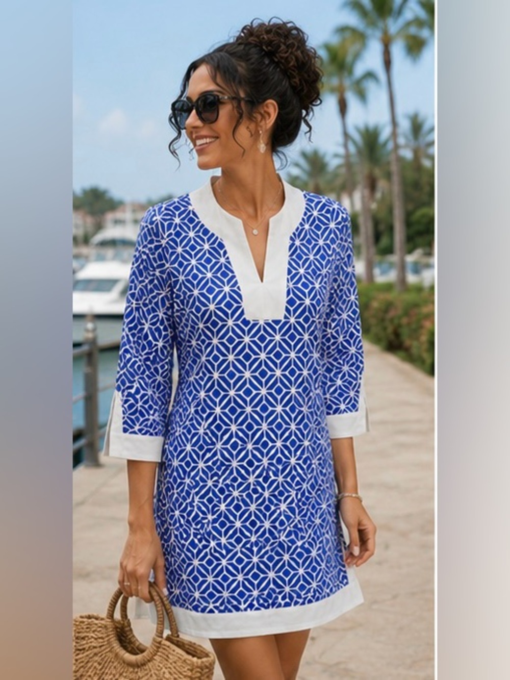 Jude Connally Blue White Geometric Shift Dress Small 3/4 Sleeve Resort Coastal